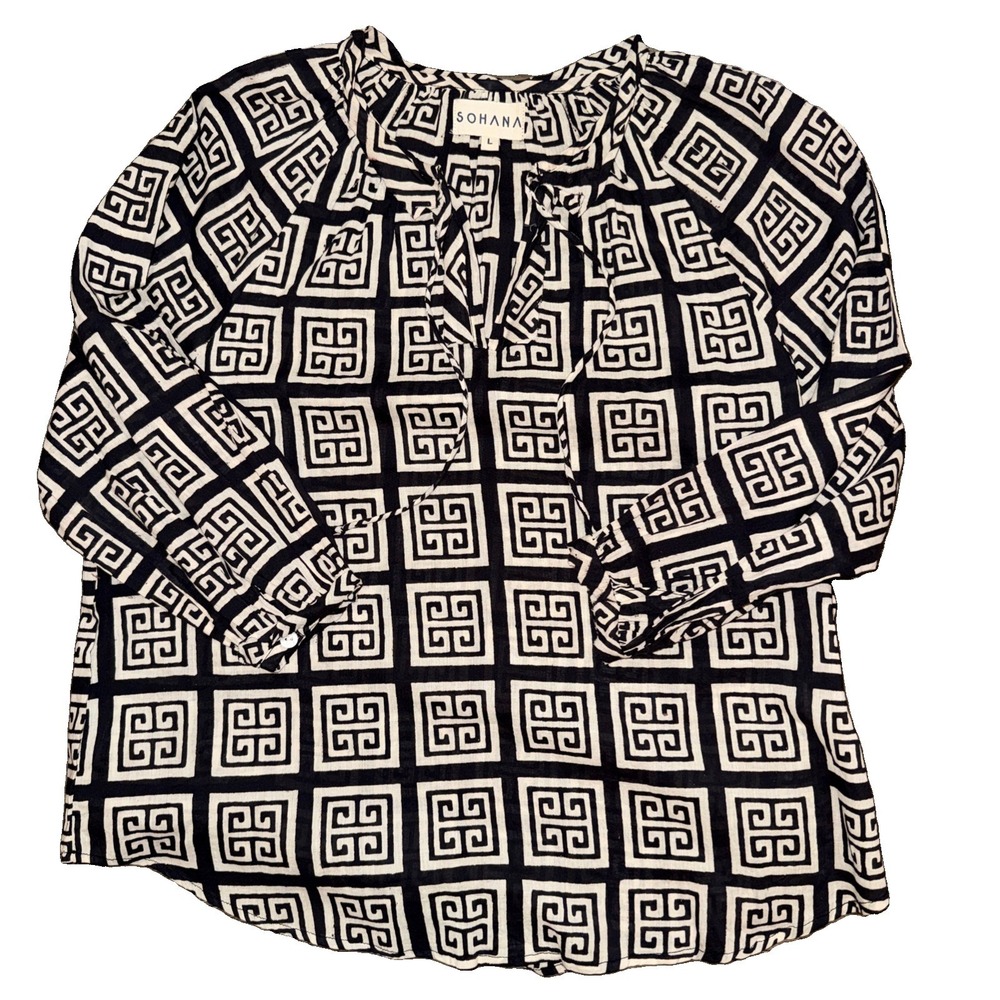 Sohana Blouse L Black & White Block Print Handcrafted India Boho Cotton